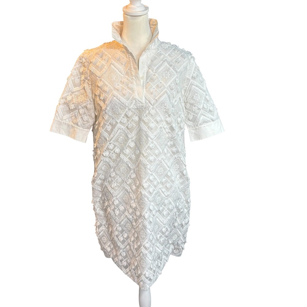 Banana Republic White Textured Tufted Geometric Polo Dress Short Sleeve S #914